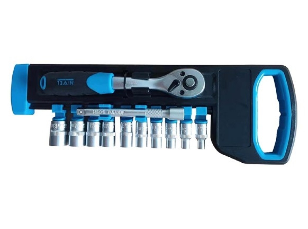 Llave carraca 72 dientes con vasos 1/2´ 11 pzs