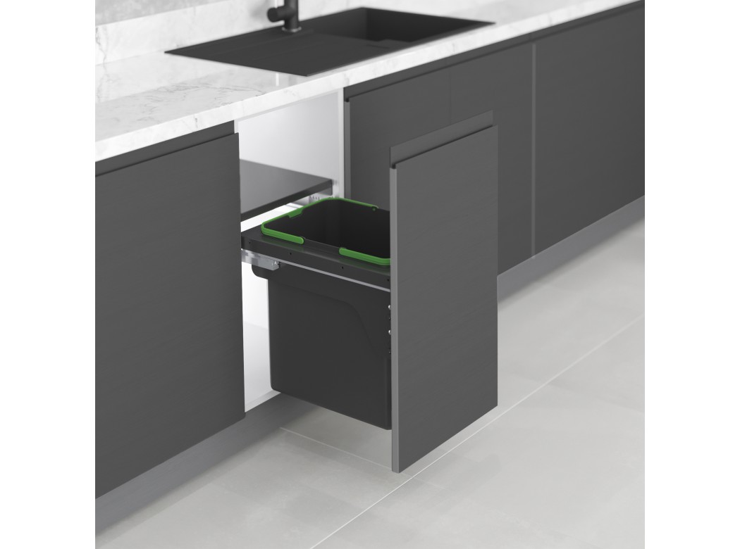 Emuca Contenedor de reciclaje para fijación lateral en mueble de cocina Recycle 1x35litros, Acero, Plástico gris antracita