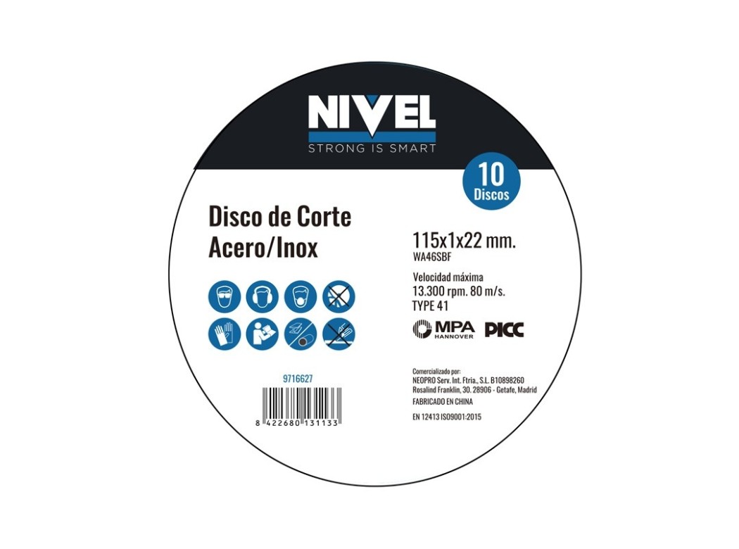Disco corte inox 115x1x22mm 10uds nivel