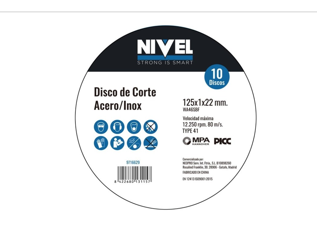 Disco corte inox 125x1x22mm 10uds nivel