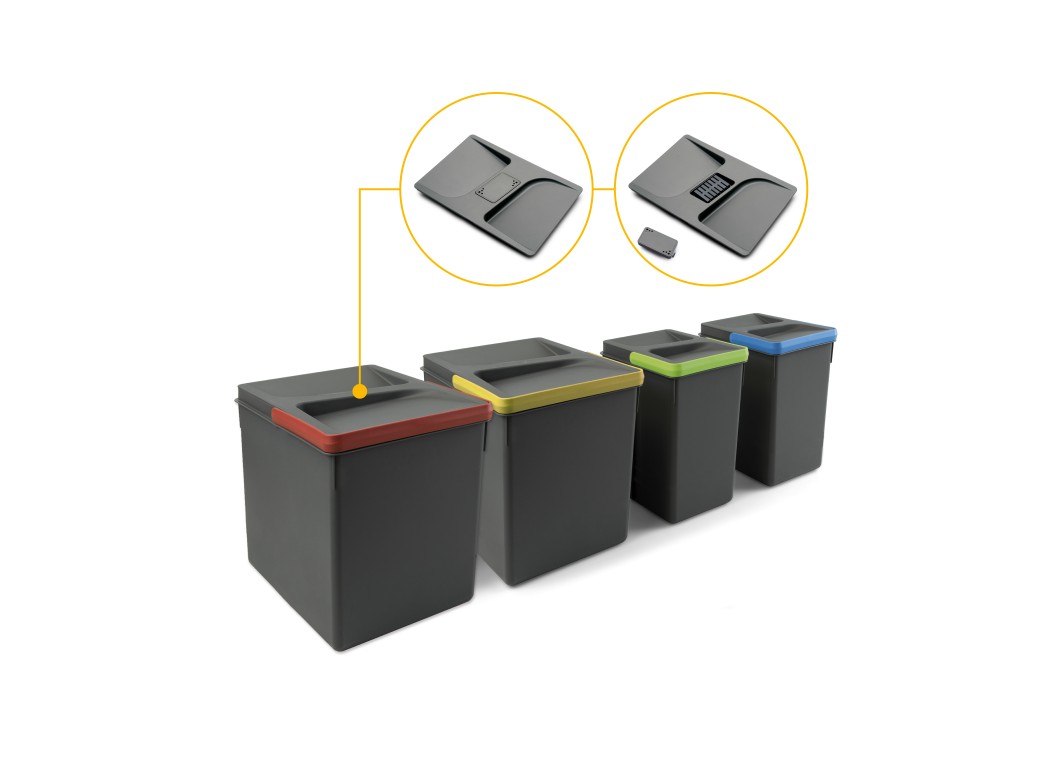 Emuca Contenedores para cajón de cocina Recycle con tapa anti olores, Altura 216mm, 2x12litros, 2x6litros, Plástico gris antracita