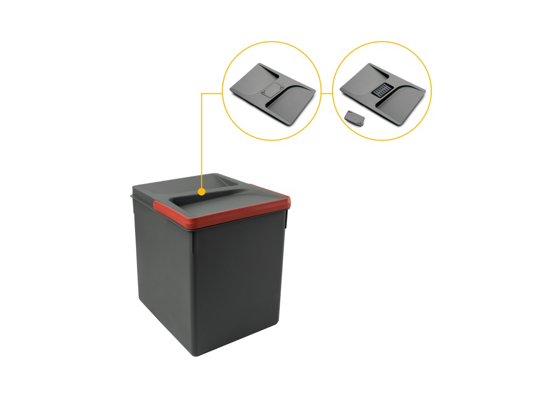 Emuca Contenedores para cajón de cocina Recycle con tapa anti olores, Altura 266, 1x15litros, Plástico gris antracita