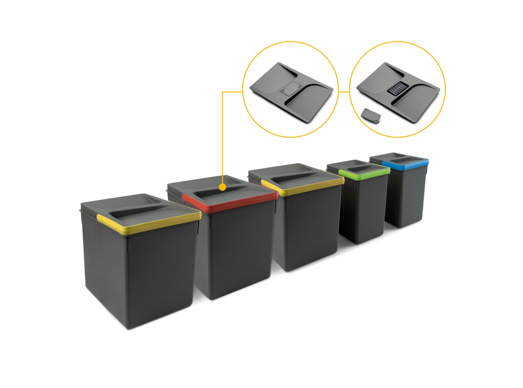 Emuca Contenedores para cajón de cocina Recycle con tapa anti olores, Altura 266, 3x15litros, 2x7litros, Plástico gris antracita