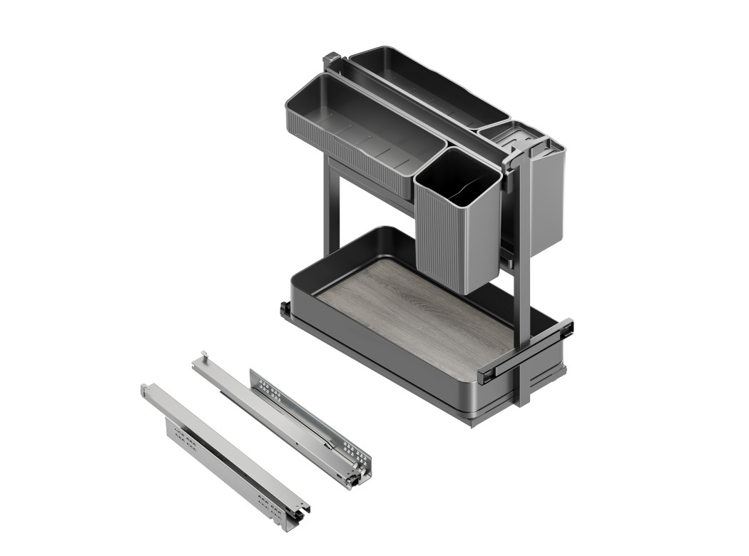 Emuca Carro extraíble con cestas y accesorios Harmony con cierre suave, Módulo ancho 300mm alto 700mm, Acero y Madera, Gris antracita