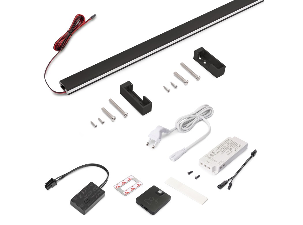 Emuca Kit de barra para armario Luxe, tira LED 4,5x8 Neonlynx V, sensor de movimiento RF Smart y convertidor Smart (24V DC), longitud 900mm, Luz blanca cálida 2.700K, Plástico y Aluminio, Pintado negro texturizado