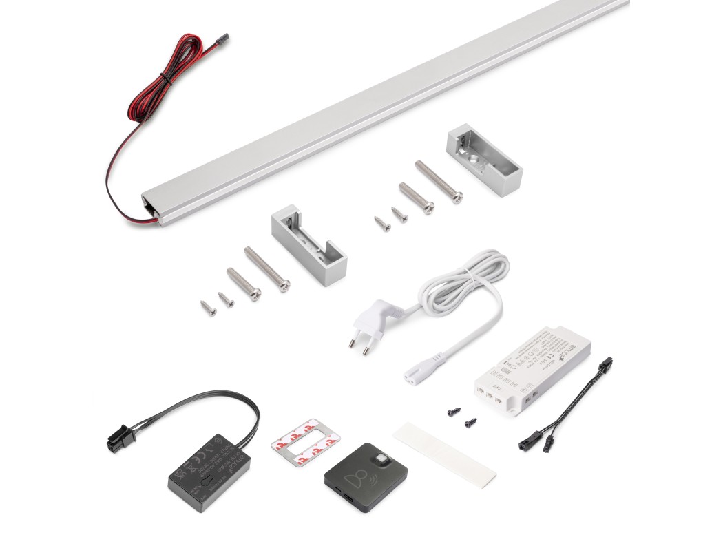 Emuca Kit de barra para armario Luxe, tira LED 4,5x8 Neonlynx V, sensor de movimiento RF Smart y convertidor Smart (24V DC), longitud 900mm, Luz blanca cálida 2.700K, Plástico y Aluminio, Anodizado mate