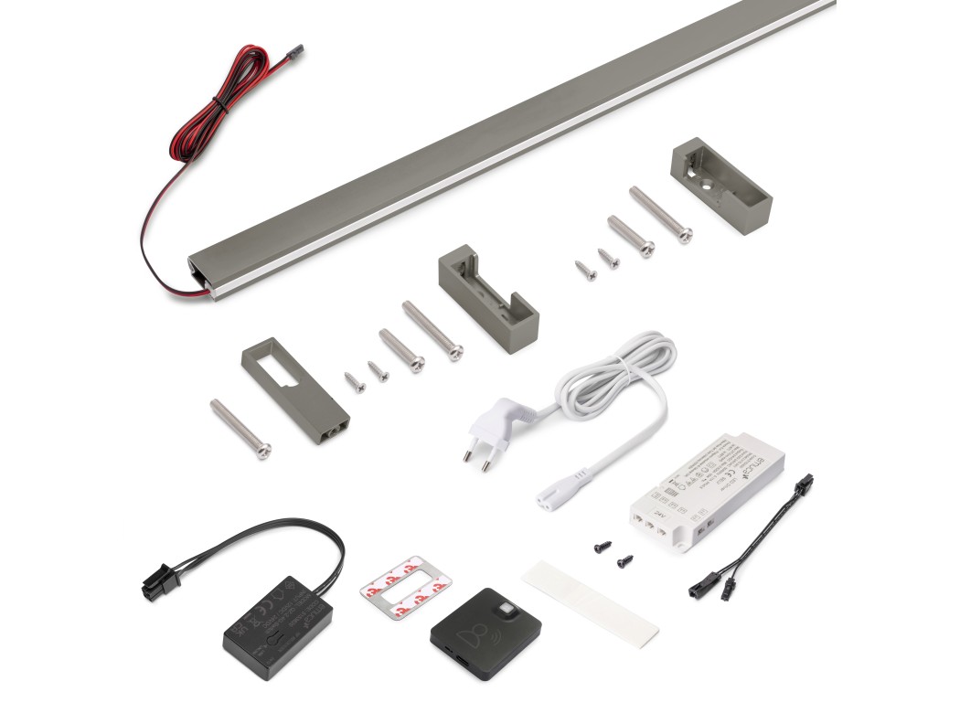 Emuca Kit de barra para armario Luxe, tira LED 4,5x8 Neonlynx V, sensor de movimiento RF Smart y convertidor Smart (24V DC), longitud 1.150mm, Luz blanca cálida 2.700K, Plástico y Aluminio, Titanio