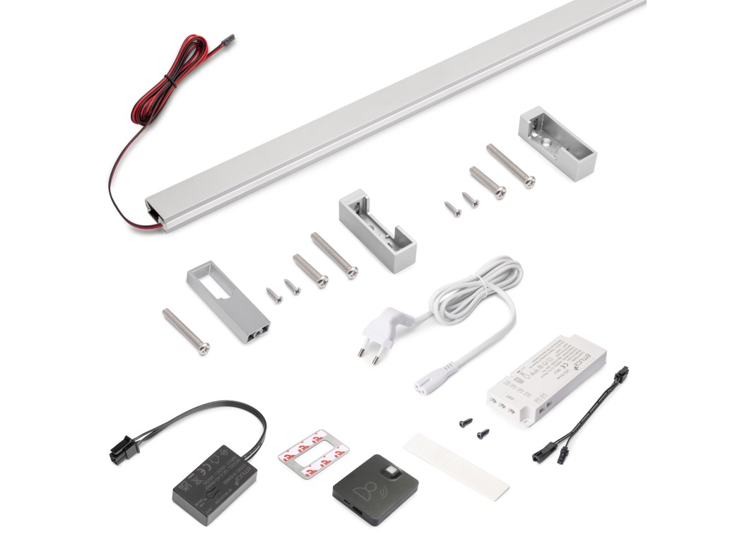 Emuca Kit de barra para armario Luxe, tira LED 4,5x8 Neonlynx V, sensor de movimiento RF Smart y convertidor Smart (24V DC), longitud 1.150mm, Luz blanca cálida 2.700K, Plástico y Aluminio, Anodizado mate