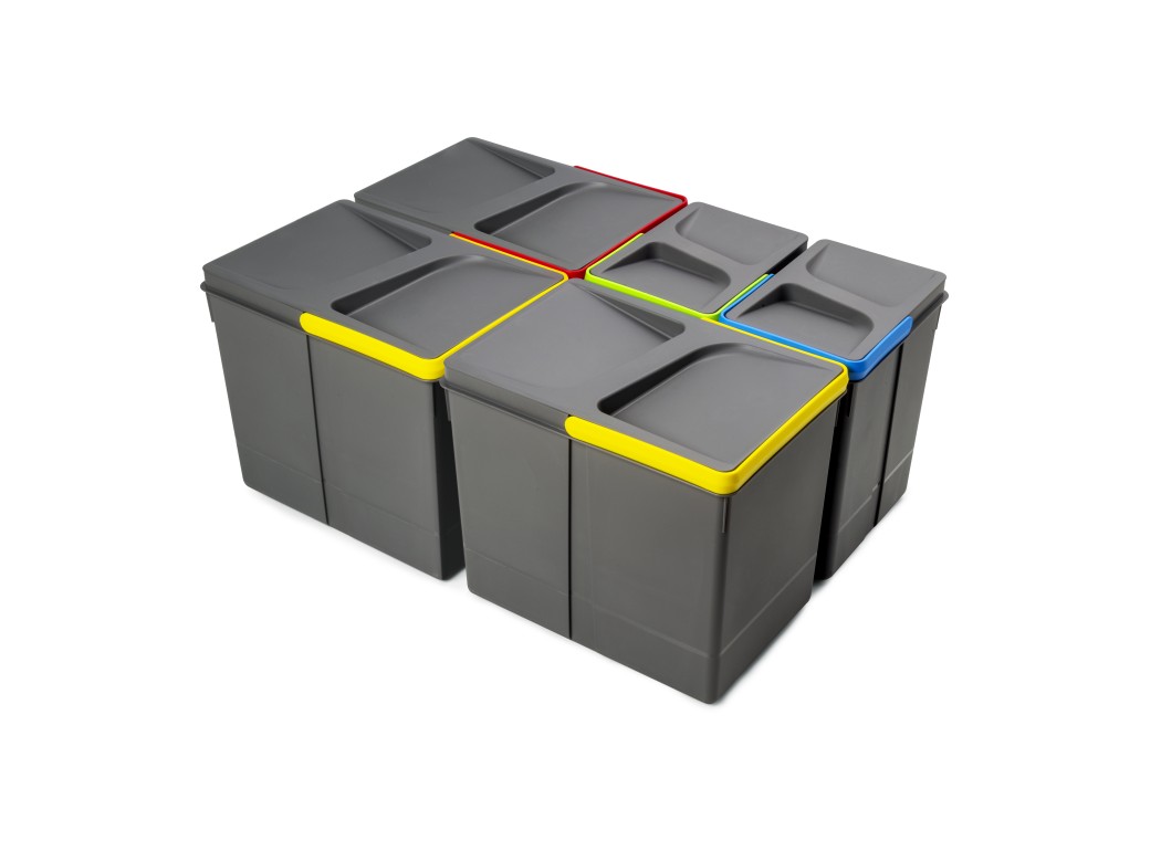 Emuca Kit de contenedores de reciclaje para cajón de cocina Recycle altura 266mm, 3x15litros, 2x7litros, Plástico gris antracita