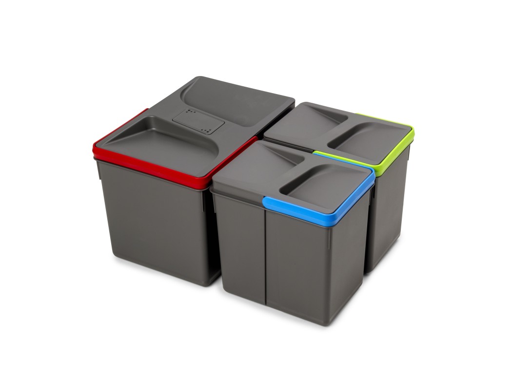Emuca Contenedores para cajón de cocina Recycle con tapa anti olores, Altura 216mm, 1x12litros, 2x6litros, Plástico gris antracita