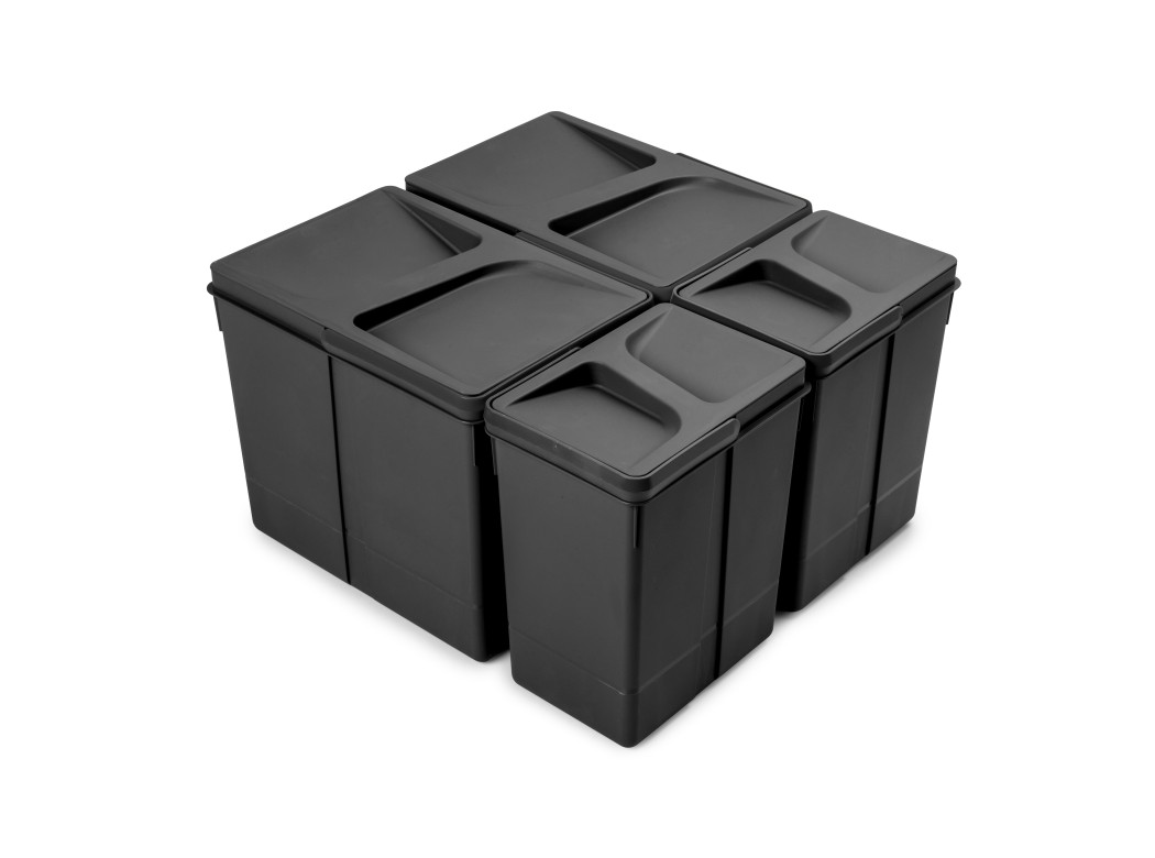 Emuca Kit de contenedores de reciclaje para cajón de cocina Recycle altura 266mm, 2x15litros, 2x7litros, Plástico, Negro