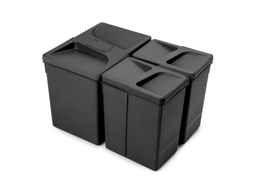 Emuca Contenedores para cajón de cocina Recycle con tapa anti olores, Altura 266, 1x15litros, 2x7litros, Plástico, Negro