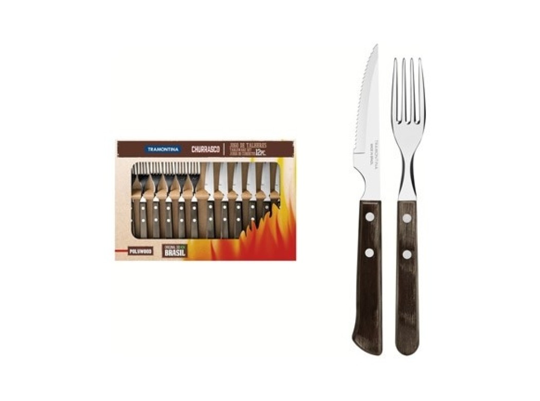 Cuchillo chuletero + tenedor (set 12 pzas) polywood castaÑo tramontina