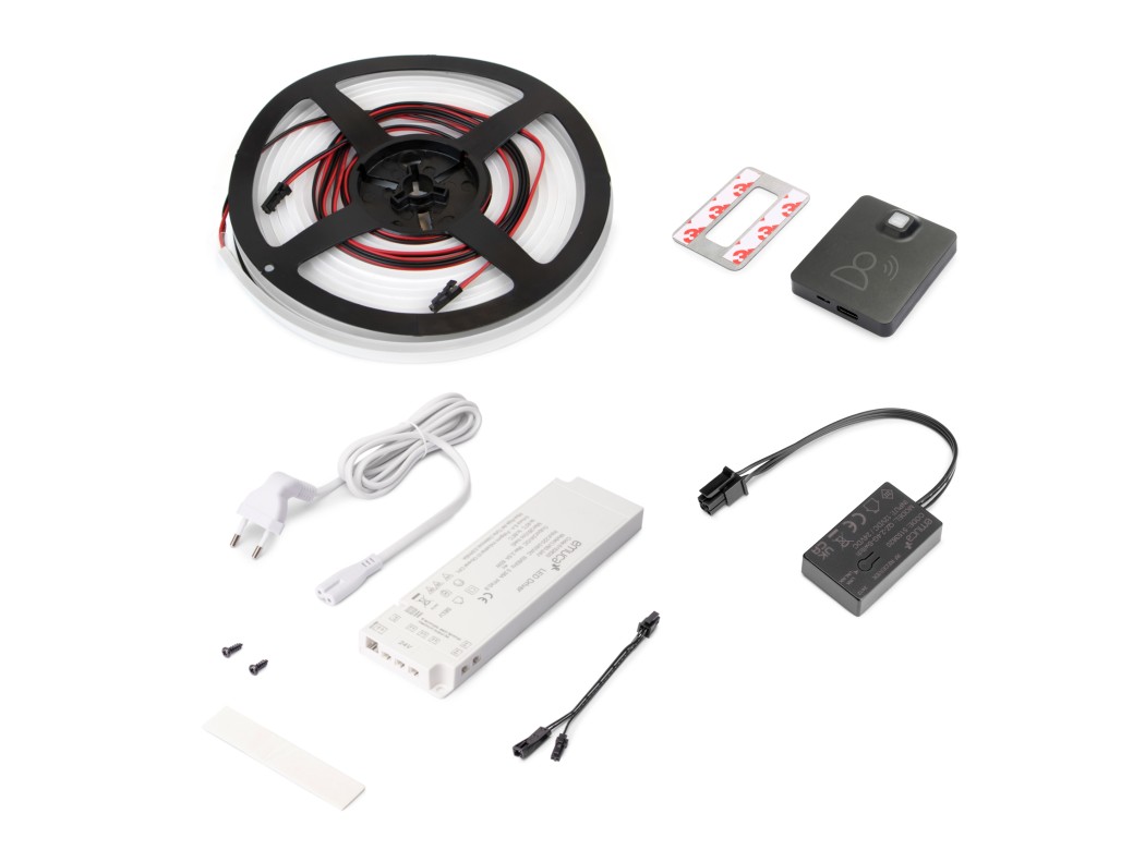 Emuca Kit de tira LED 4x10 Neonlynx V para armario, Longitud 5.000mm, Luz blanca cálida 2.700K, Sensor de movimiento RF Smart, Convertidor Smart 60W (24V DC), Plástico