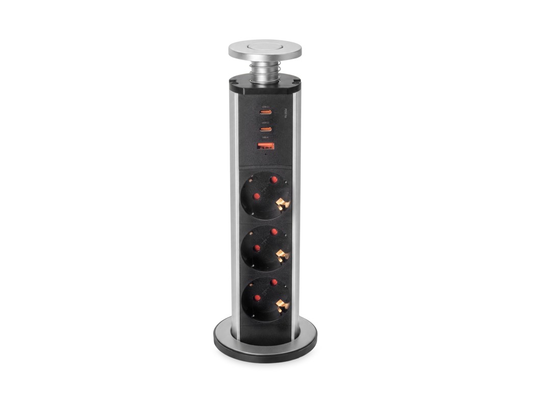 Emuca Multiconector extraíble Vertikal, 3 enchufes tipo Schuko, 1 USB tipo A, 2 USB tipo C, Plástico y Aluminio, Gris metalizado