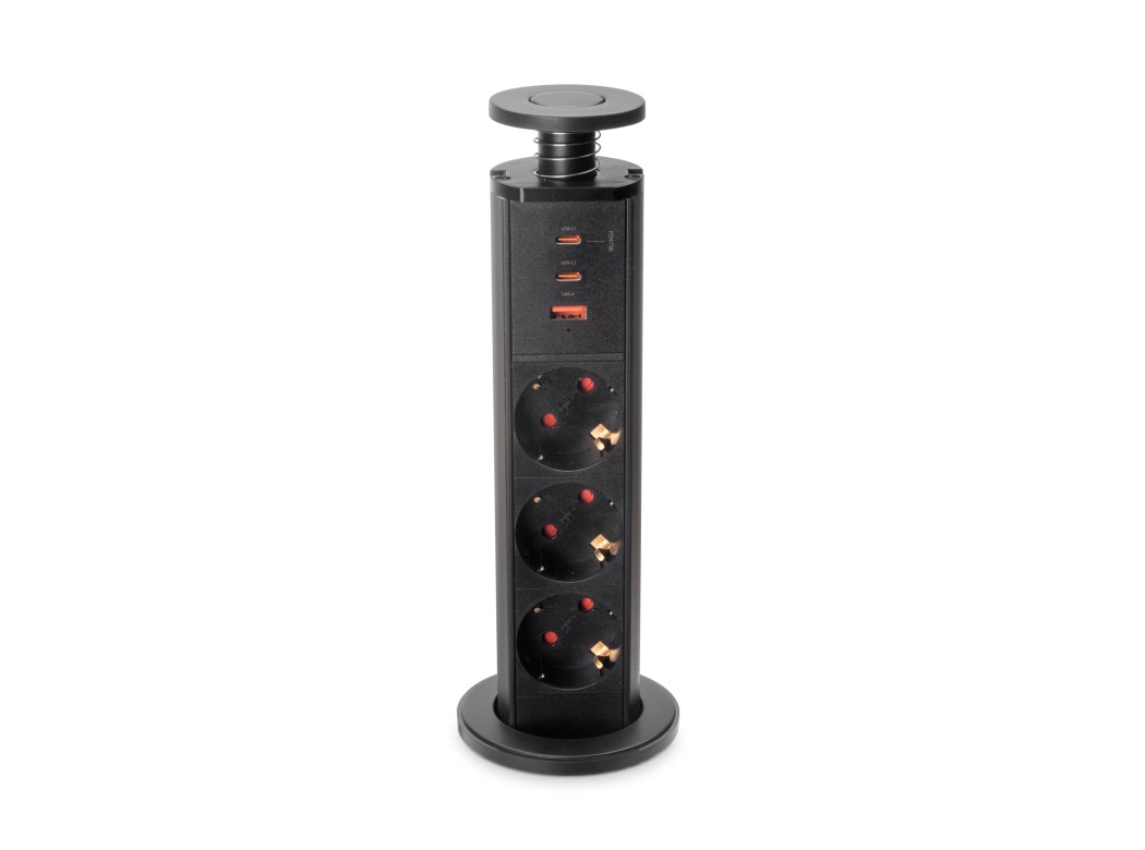 Emuca Multiconector extraíble Vertikal, 3 enchufes tipo Schuko, 1 USB tipo A, 2 USB tipo C, Plástico y Aluminio, Pintado negro