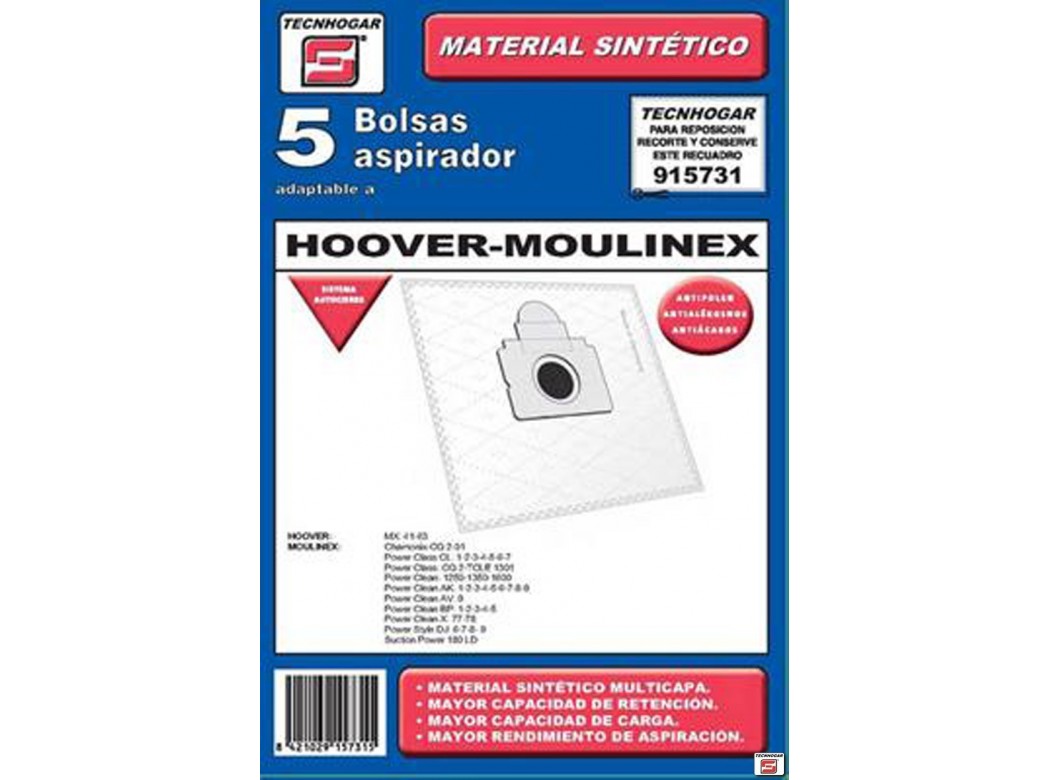 Bolsa aspirador papel hoover-moulinex thogar 5 pz 915731