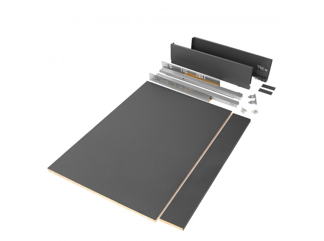 Emuca Kit de cajón para cocina o baño con tableros incluidos, cierre suave, profundidad 500 mm, altura 93 mm, módulo 900 mm, Acero, Gris antracita.