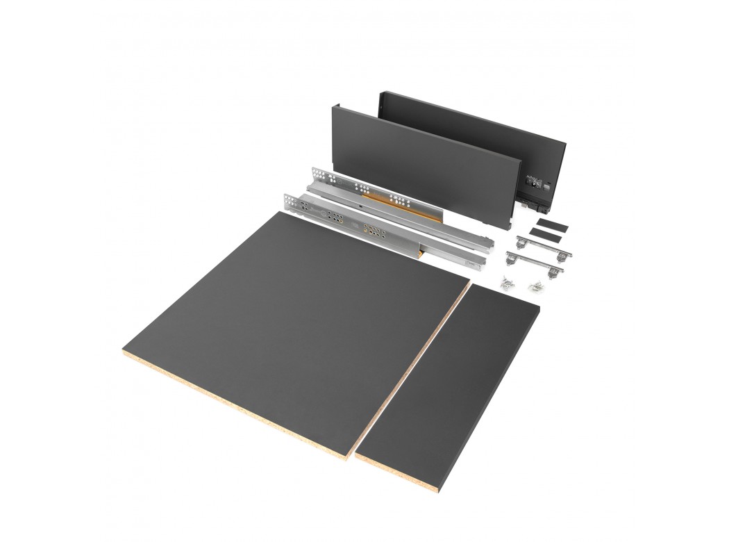 Emuca Kit de cajón para cocina o baño con tableros incluidos, cierre suave, profundidad 500 mm, altura 178 mm, módulo 600 mm, Acero, Gris antracita.