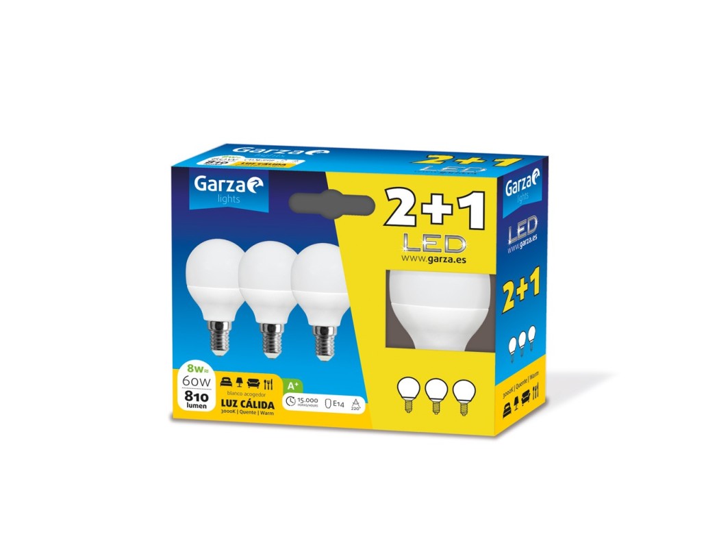 Lampara ilumin esf. led garza e14 8w 810lm 3000k 3 pz