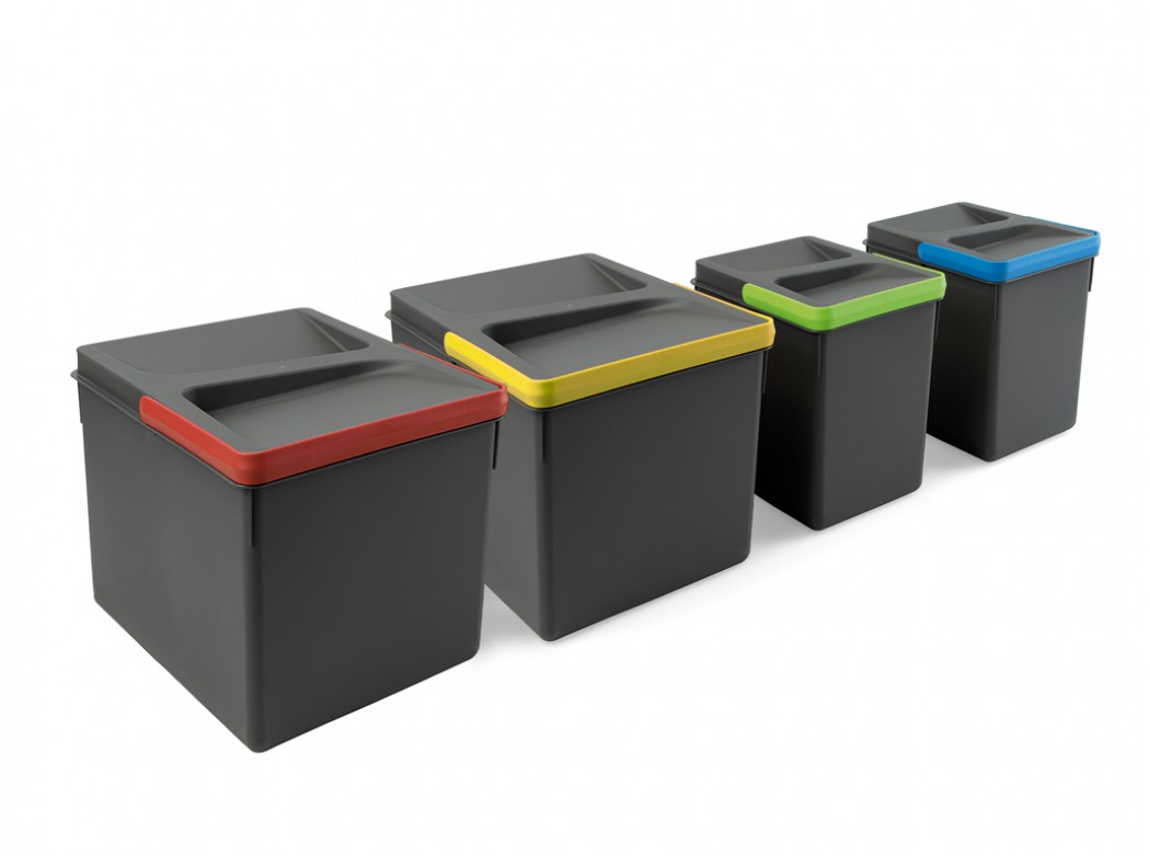 Emuca Contenedores para cajón de cocina Recycle, Altura 216, 2x12 + 2x6, Plástico gris antracita, Plástico