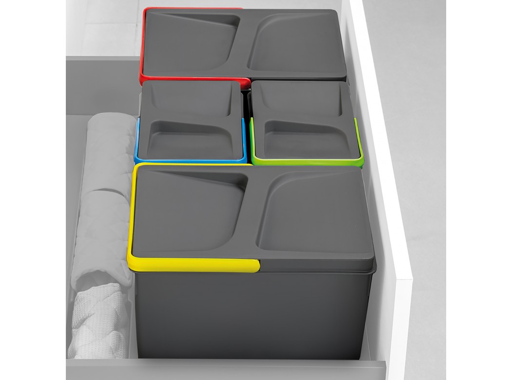 Emuca Contenedores para cajón cocina Recycle, Altura 266, 2x15 + 2x7, Plástico gris antracita, Plástico
