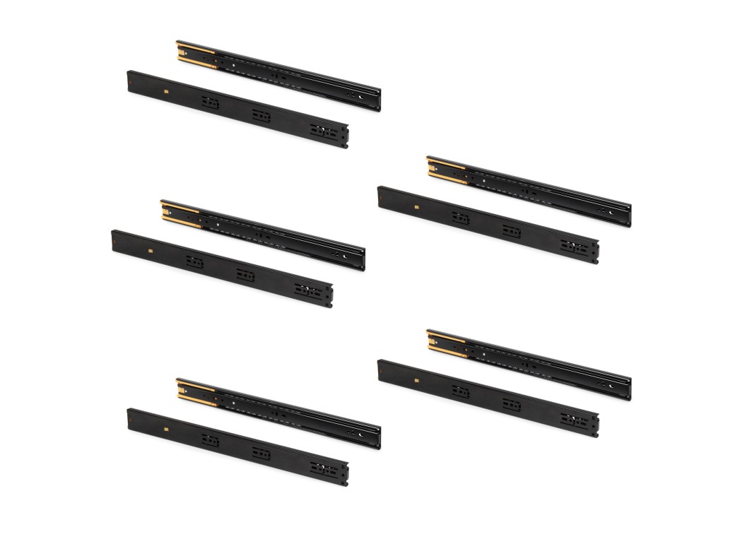 Emuca Juego de guías para cajones, de bolas, 45 x 300 mm, extracción total, cierre suave, Negro, 5 ud.