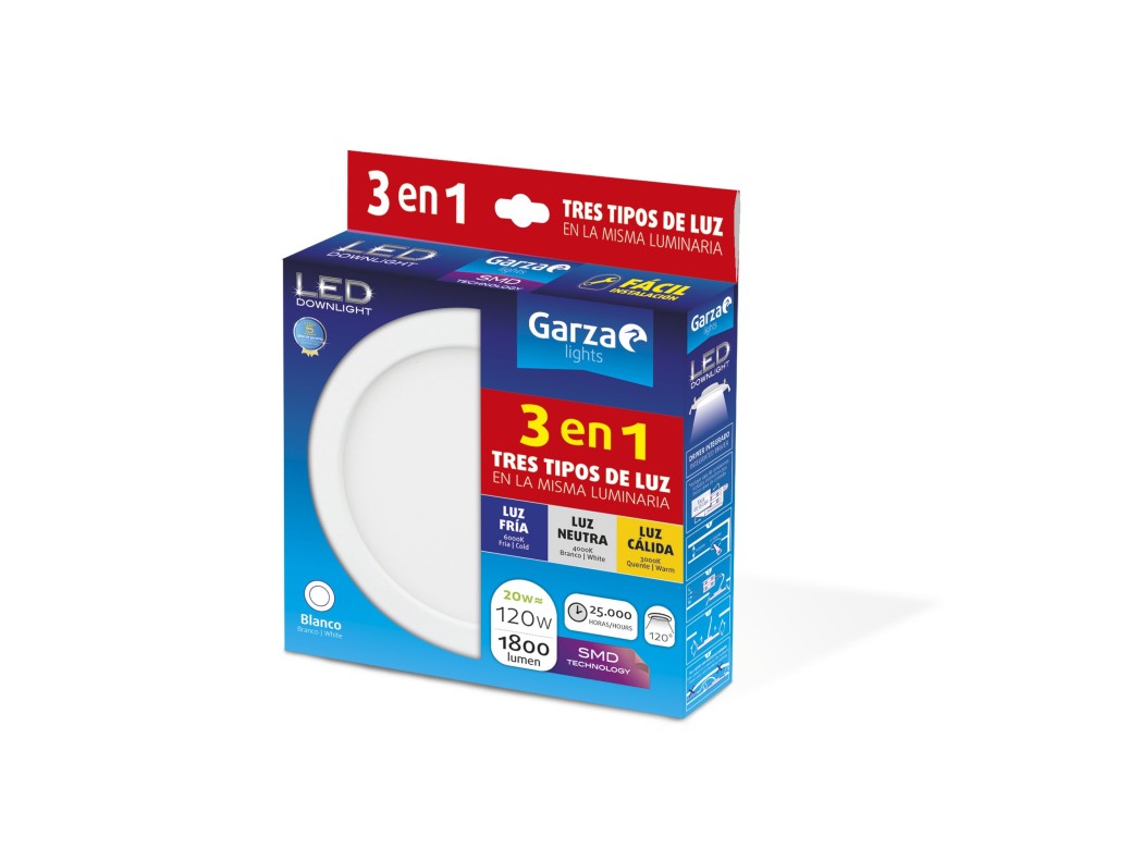 Foco ilumin led downlight sup. rdo slim garza cct 20w 1800lm