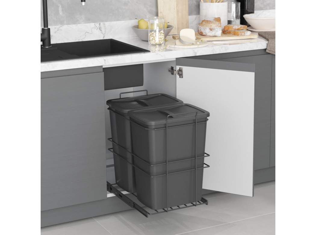 Poubelle Recyclage Emuca 2x14L - Fixation Inférieure - Extraction Automatique - Blanc
